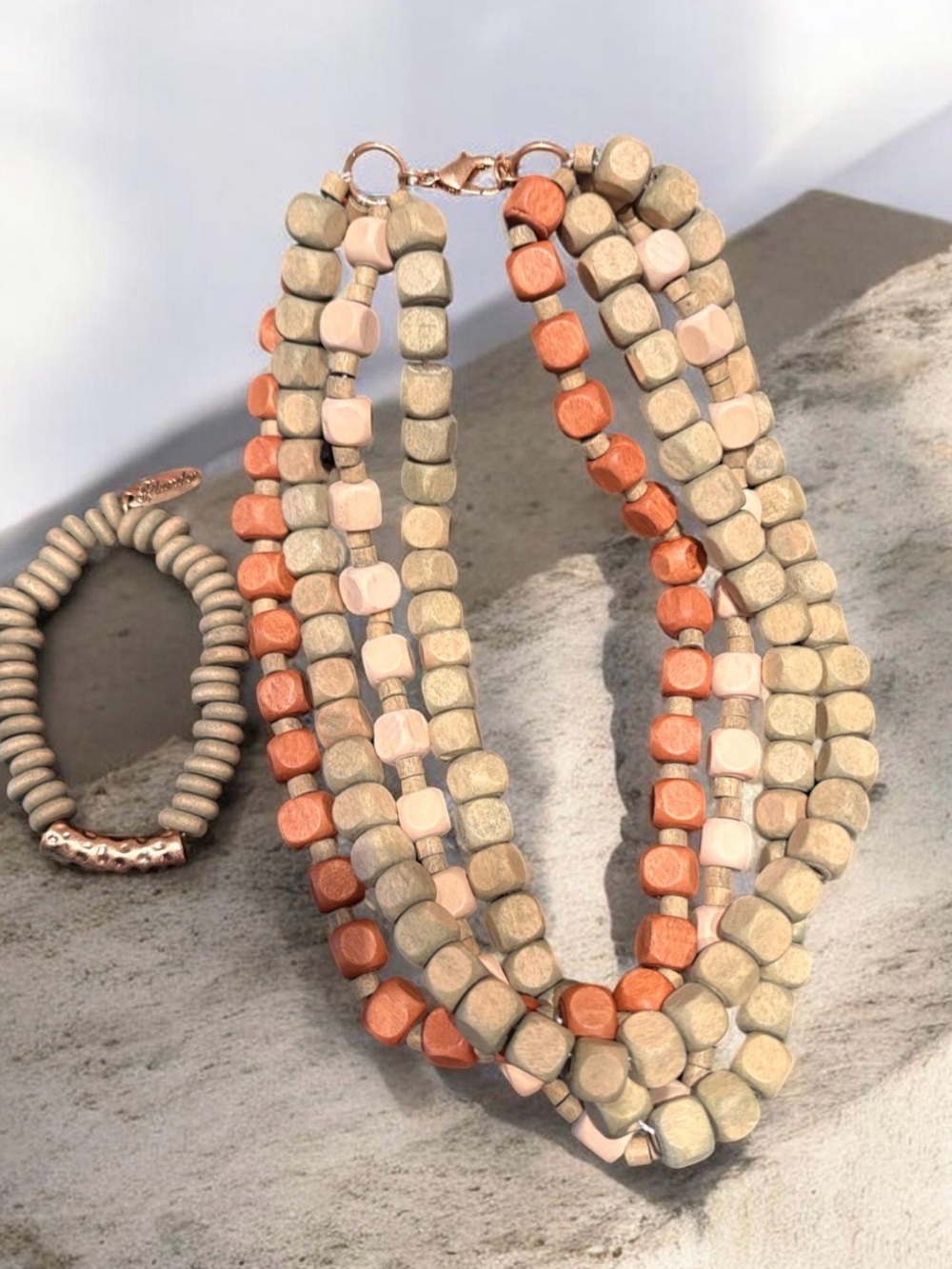Plunder Layered Bead Necklace in Sage Green, Terracotta & Cream, and Bracelet